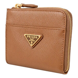 Prada Saffiano Caramel Brown Triangle Logo Zipper Card Holder